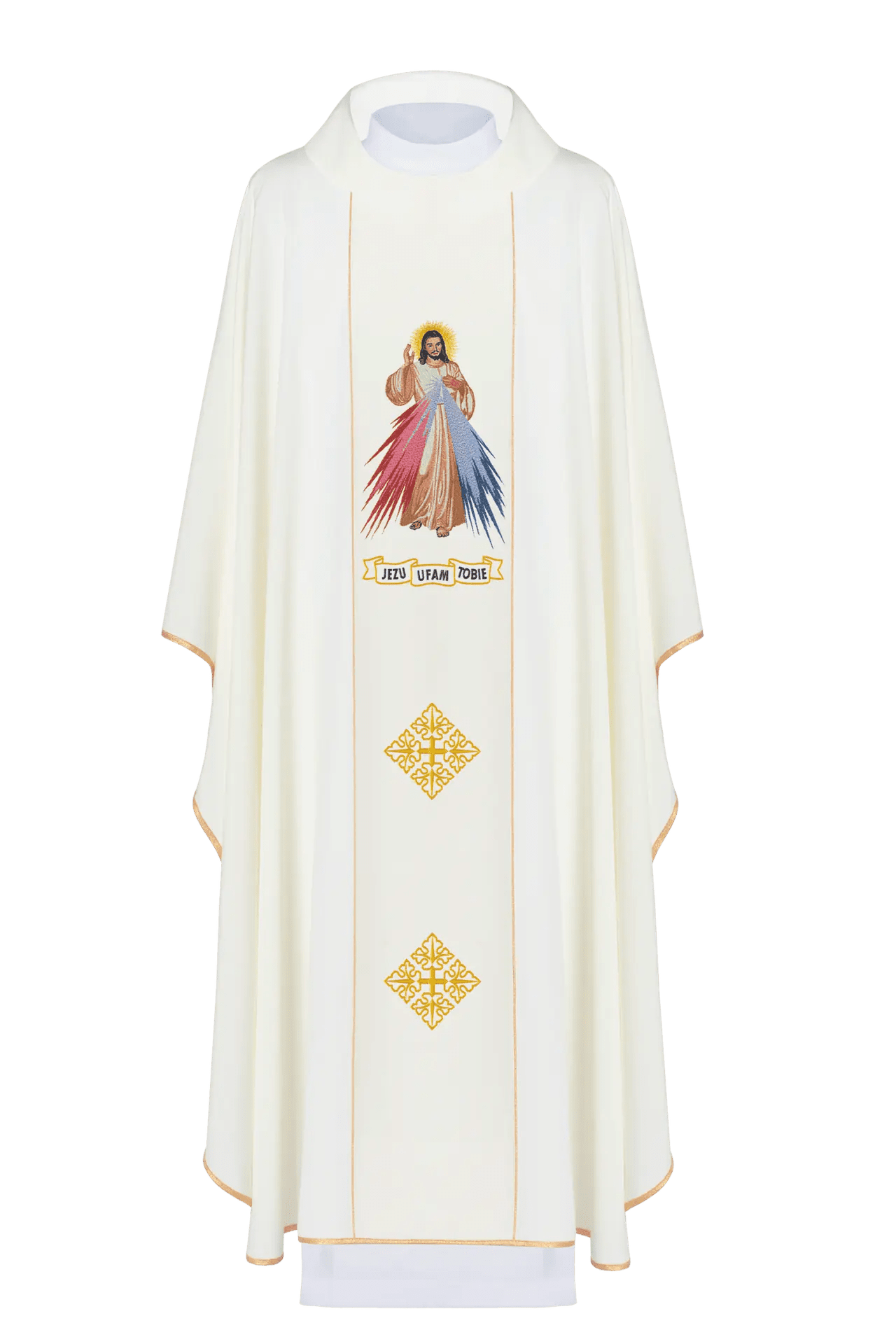 Casulla bordada de Jesús Misericordioso y IHS ecru