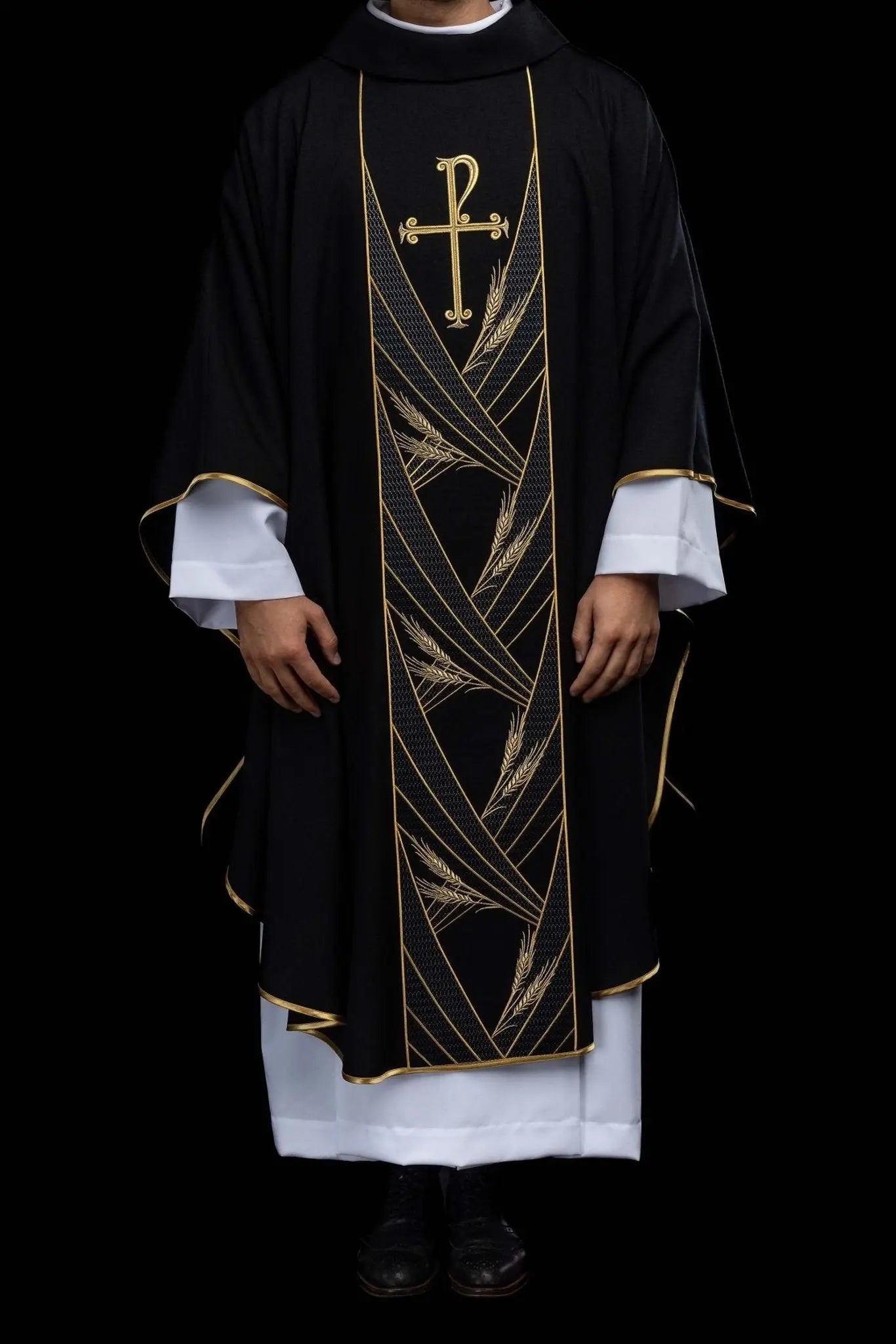 Black chasuble with embroidered PAX band and wheat motif