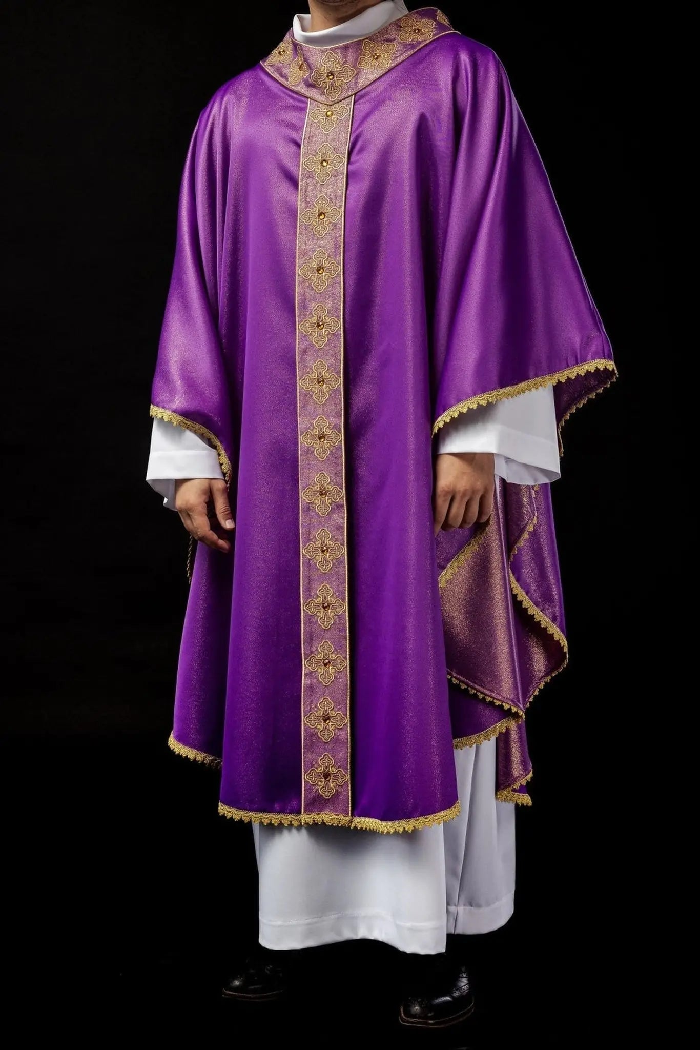 Purple chasuble with embroidered belt and collar decorated with stones