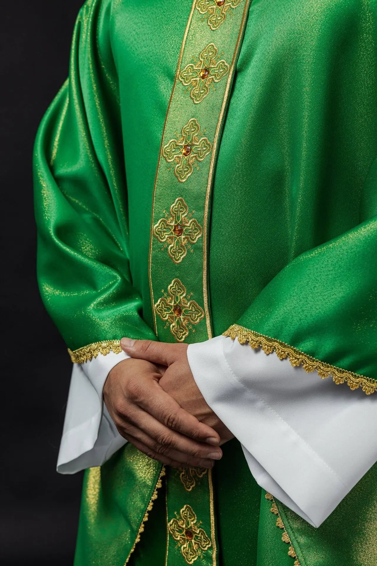 Green chasuble with embroidered belt and collar decorated with stones