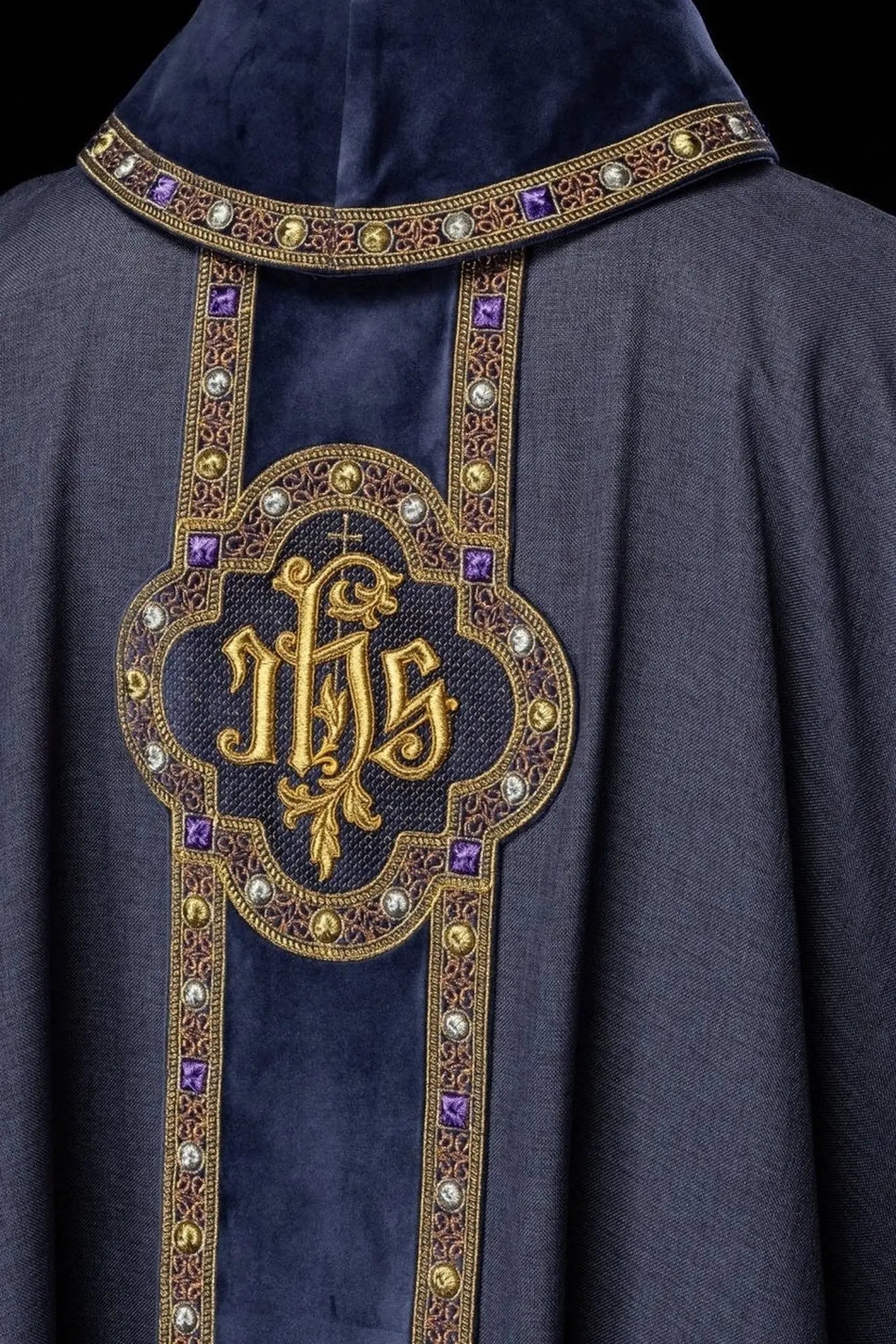 Chasuble with richly embroidered belt and piping around the IHS embroidery and collar in purple