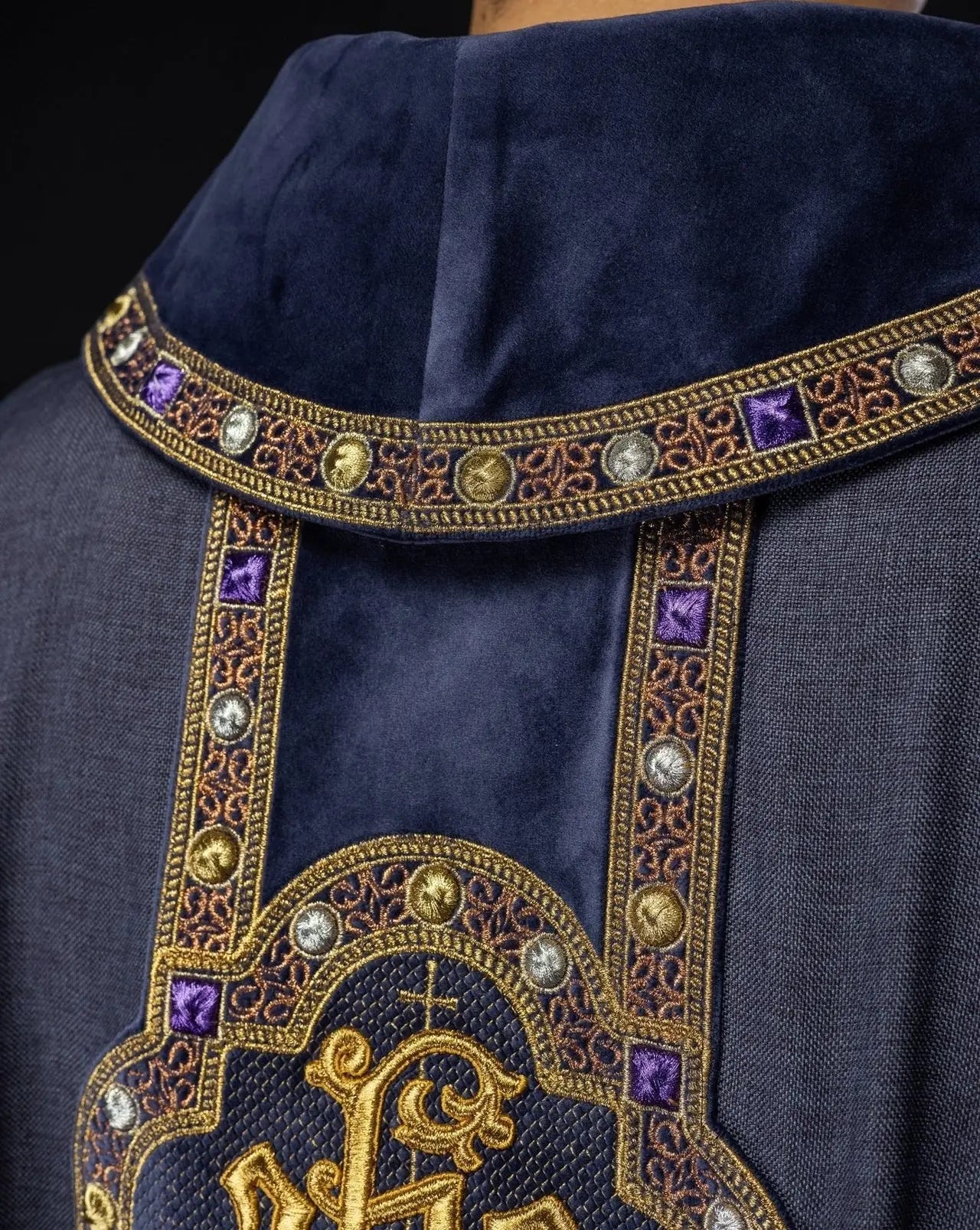 Chasuble with richly embroidered belt and piping around the IHS embroidery and collar in purple