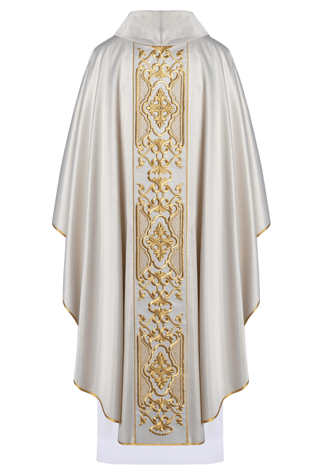 Ornat z połyskującej tkaniny z bogatym złotym haftem na pasie