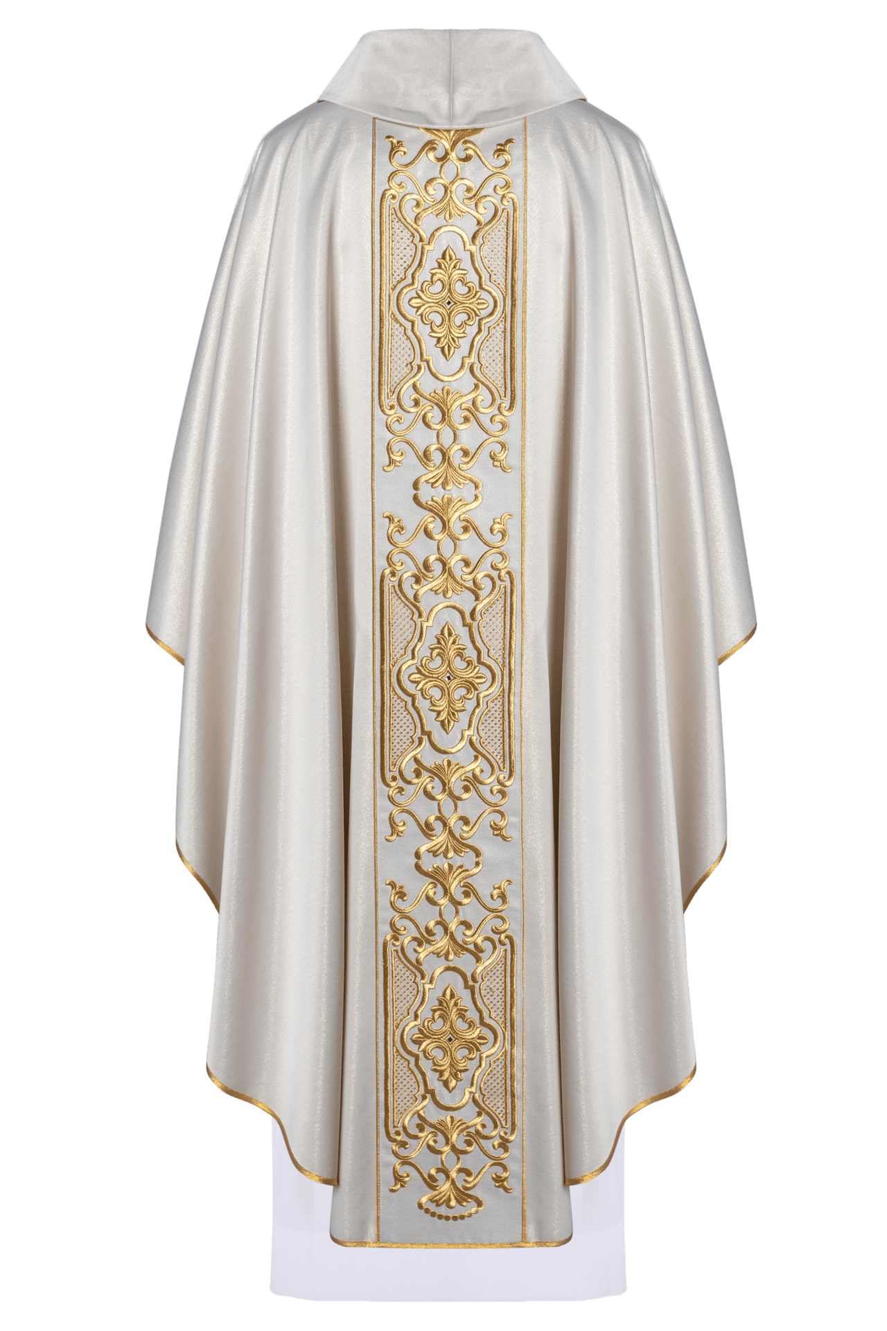 Ornat z połyskującej tkaniny z bogatym złotym haftem na pasie
