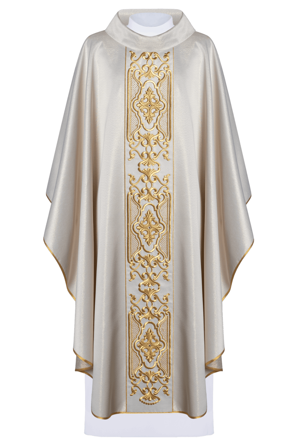Ornat z połyskującej tkaniny z bogatym złotym haftem na pasie