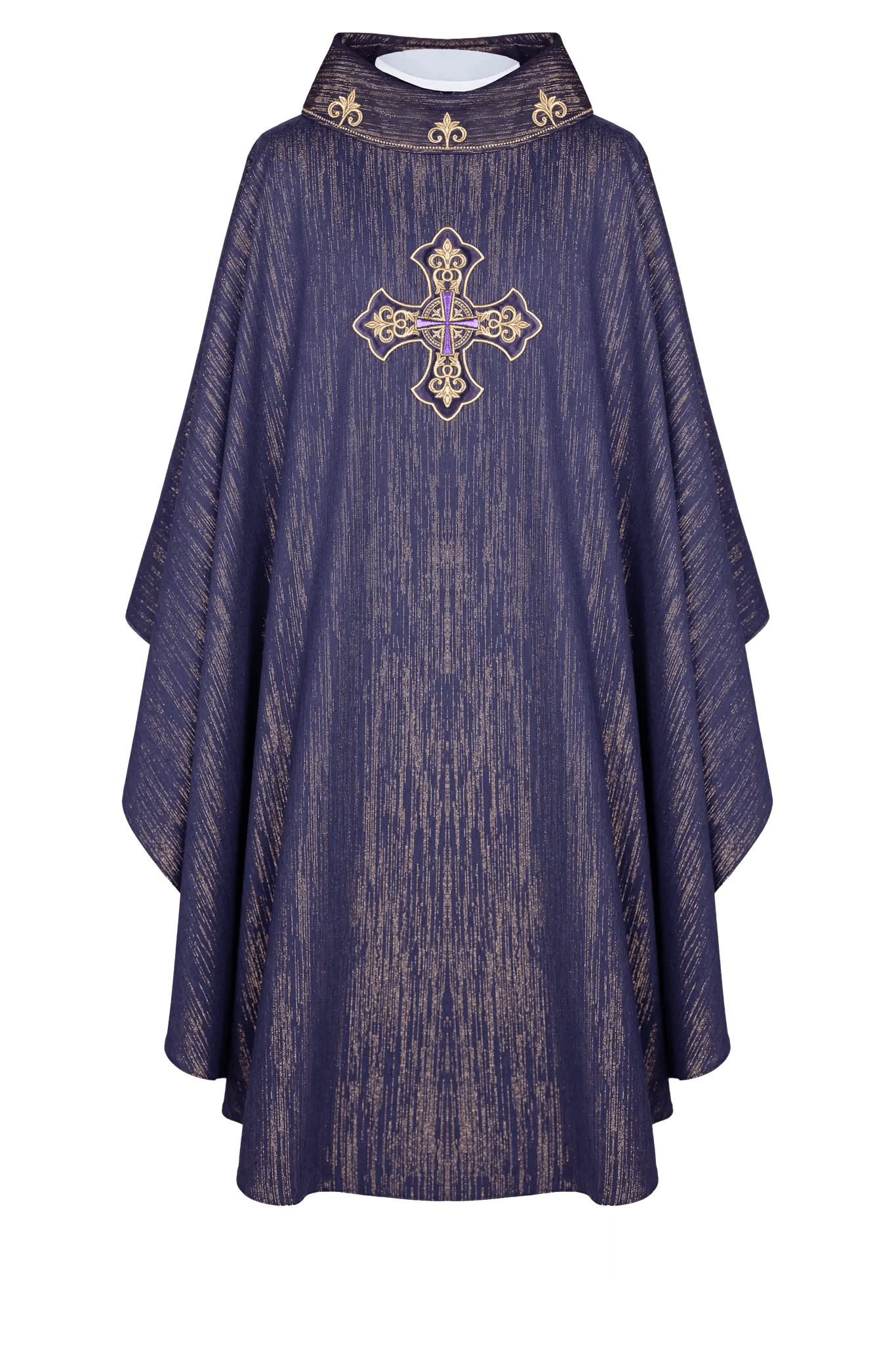 Purple chasuble with embroidered cross motif on decorative fabric - HAFTINA ATELIER