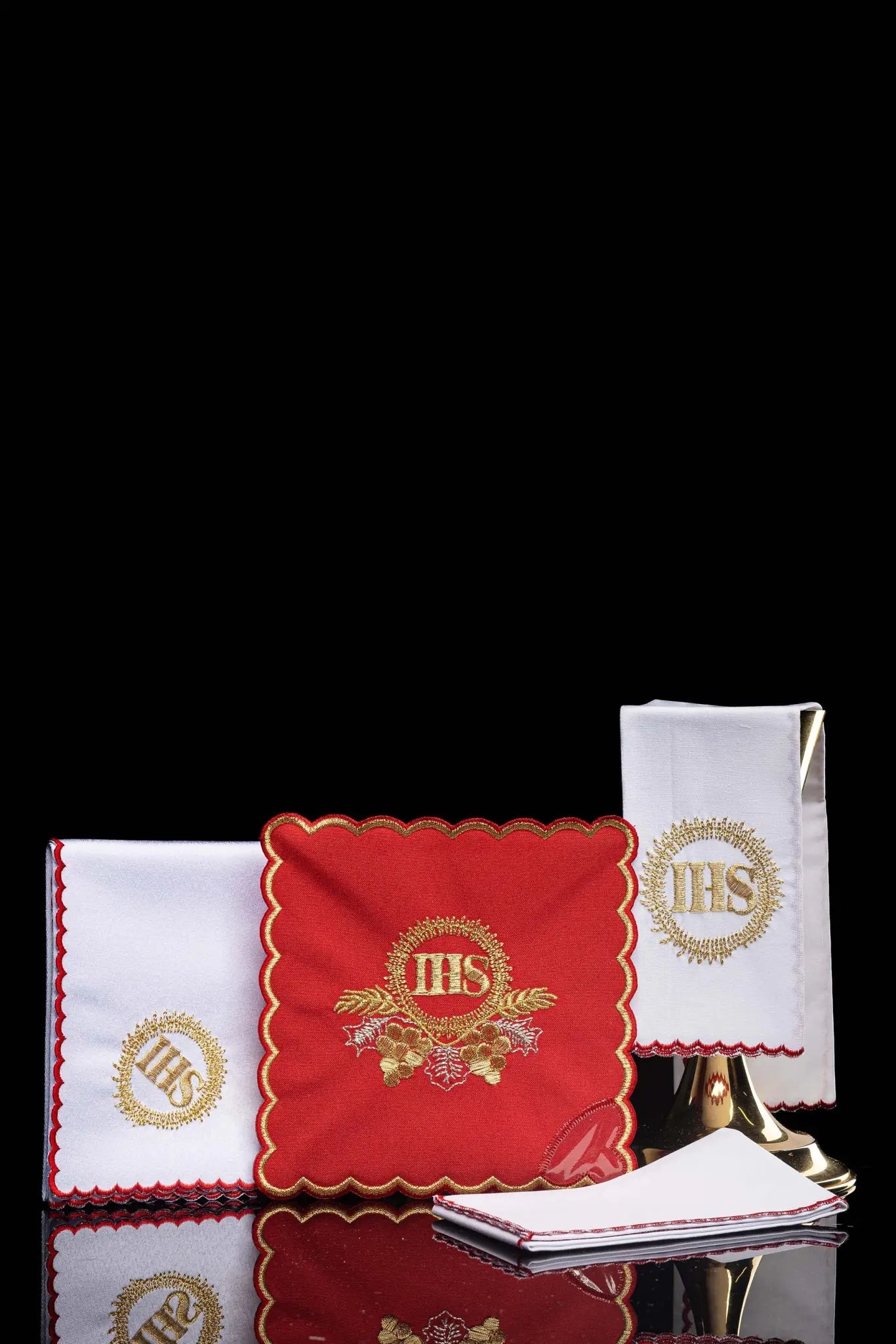 Red Chalice Linen Set with IHS Embroidery - HAFTINA ATELIER