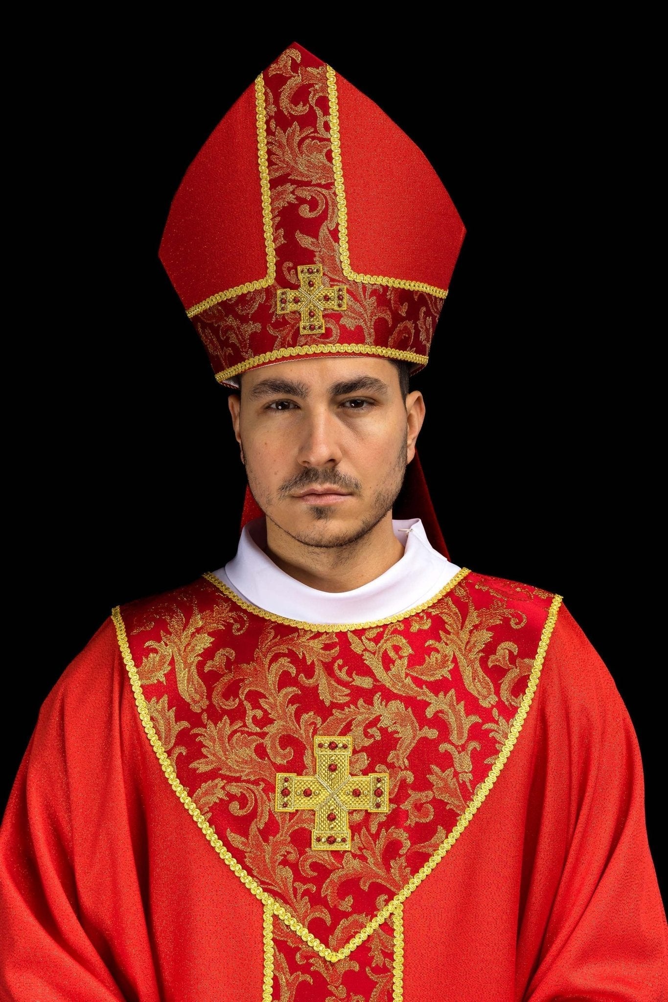 Red Embroidered Mitre with Cross and Jacquard Fabric - HAFTINA ATELIER