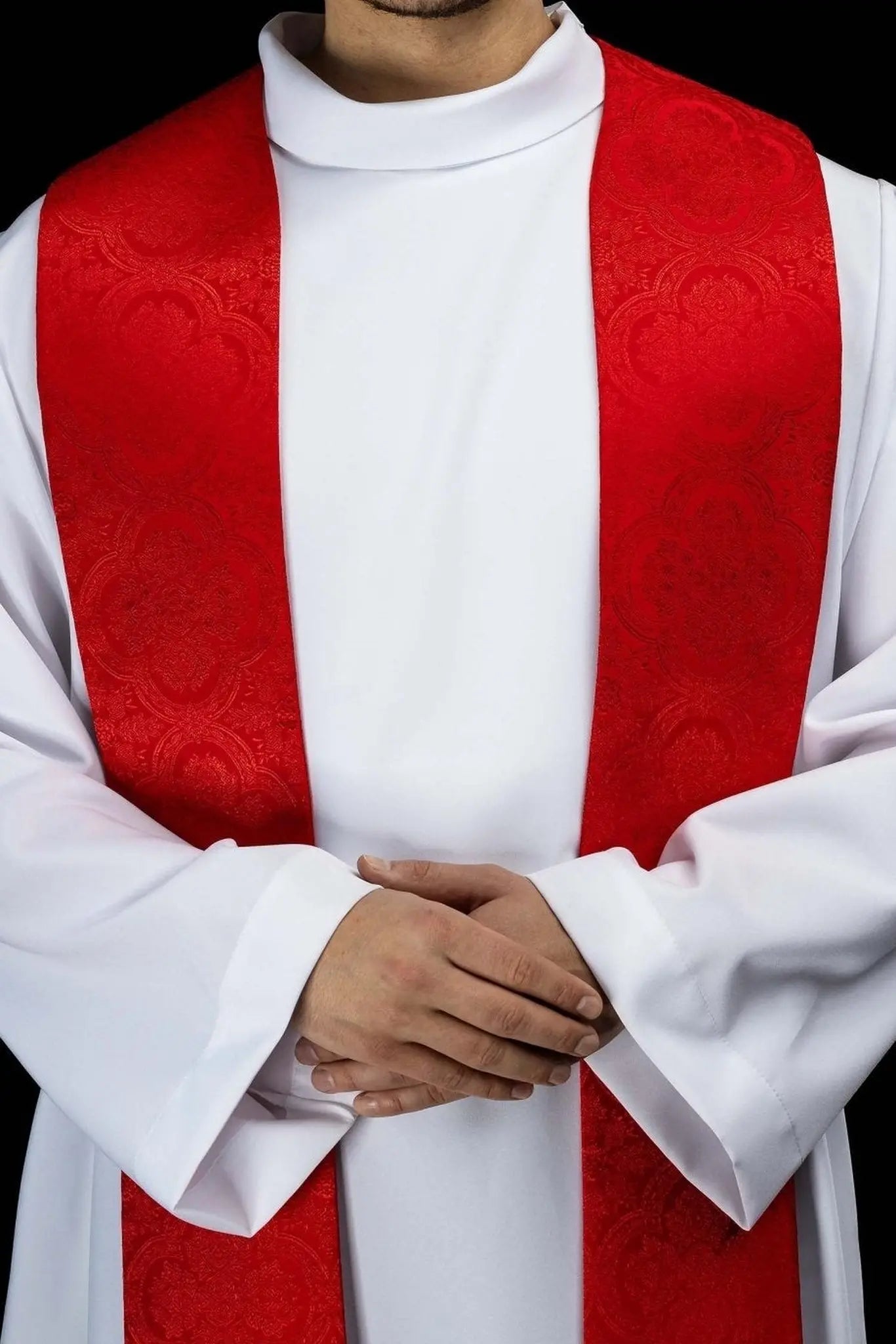 Red Embroidered Stole with Cross Motif, Jacquard Fabric - HAFTINA ATELIER