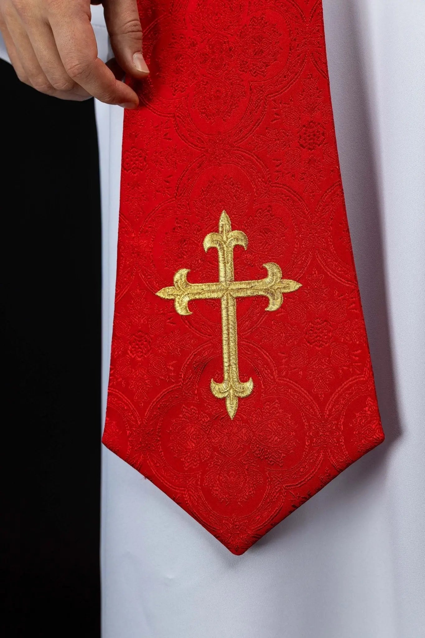 Red Embroidered Stole with Cross Motif, Jacquard Fabric - HAFTINA ATELIER
