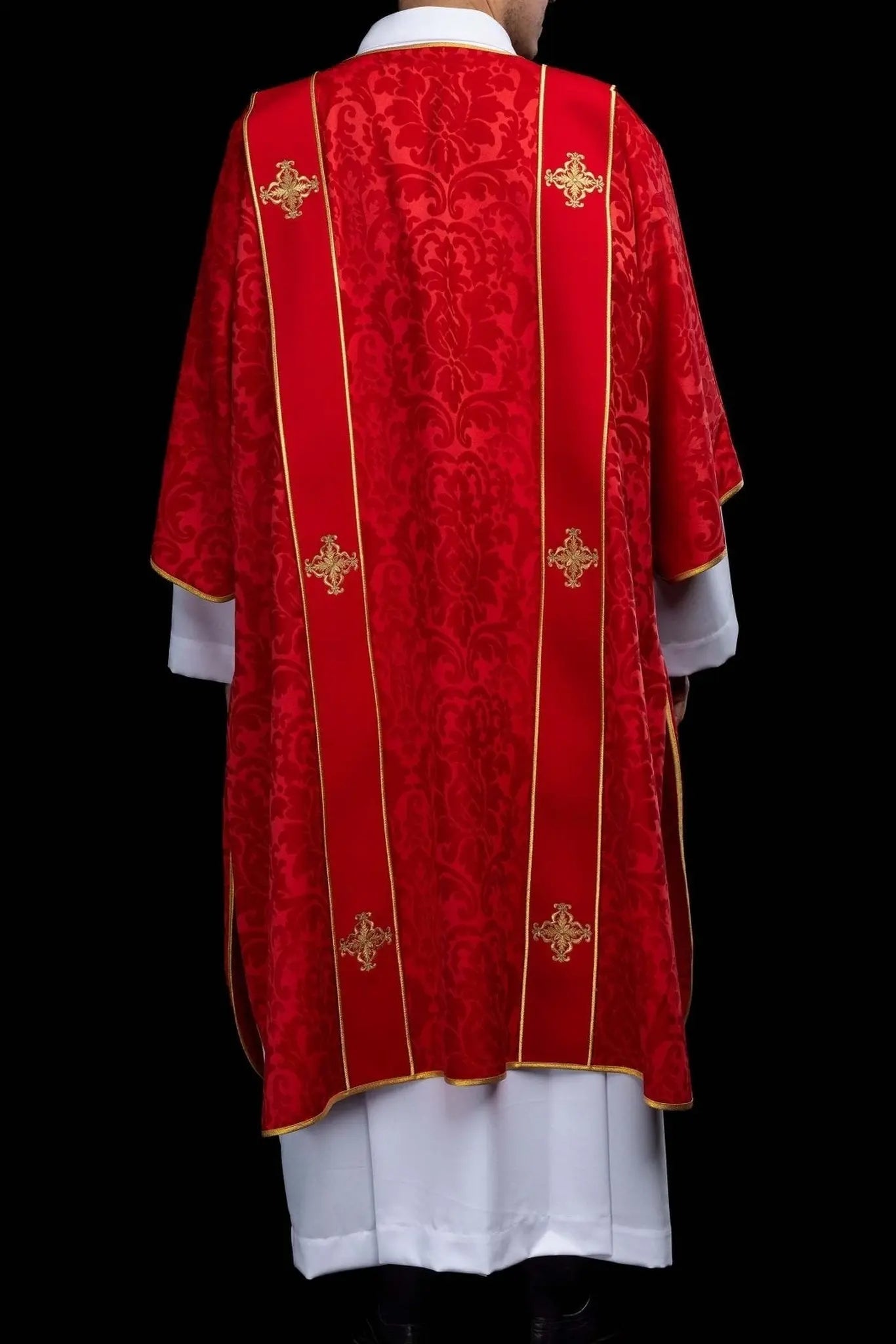 Red Jacquard Dalmatic with Gold Cross Embroidery - HAFTINA ATELIER