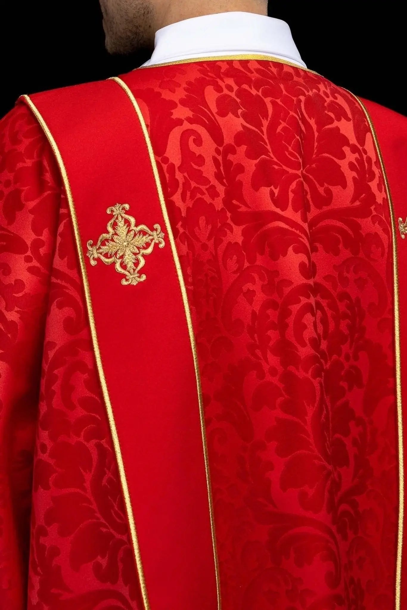Red Jacquard Dalmatic with Gold Cross Embroidery - HAFTINA ATELIER