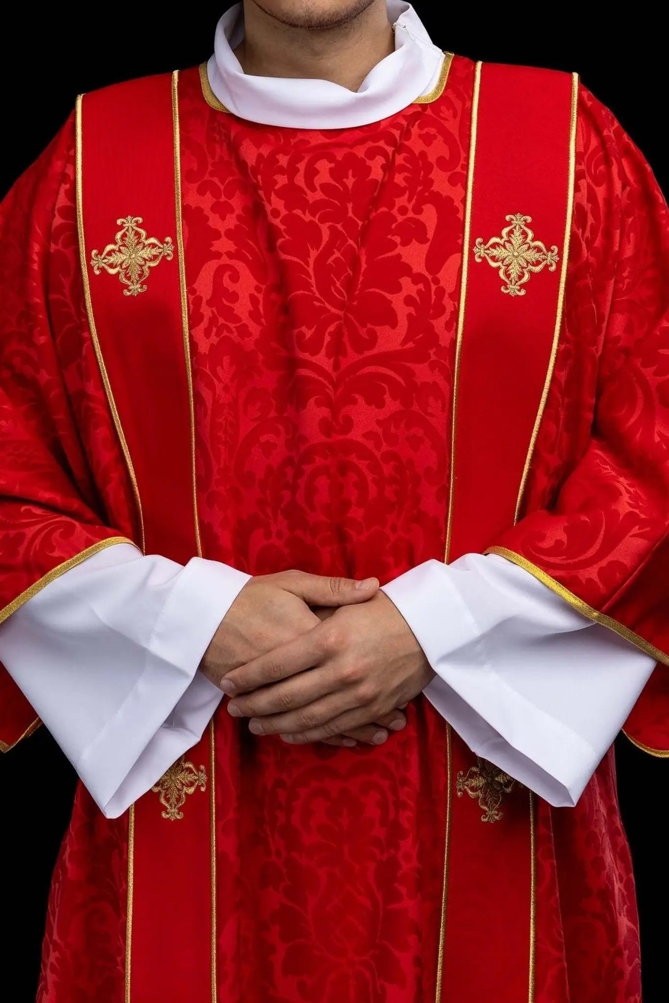 Red Jacquard Dalmatic with Gold Cross Embroidery - HAFTINA ATELIER