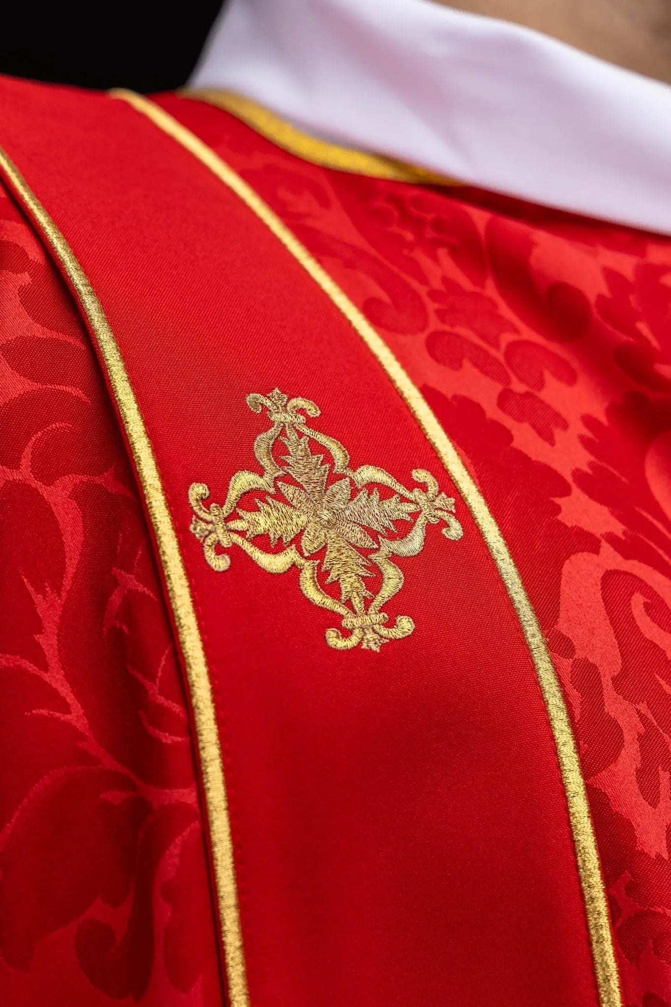Red Jacquard Dalmatic with Gold Cross Embroidery - HAFTINA ATELIER