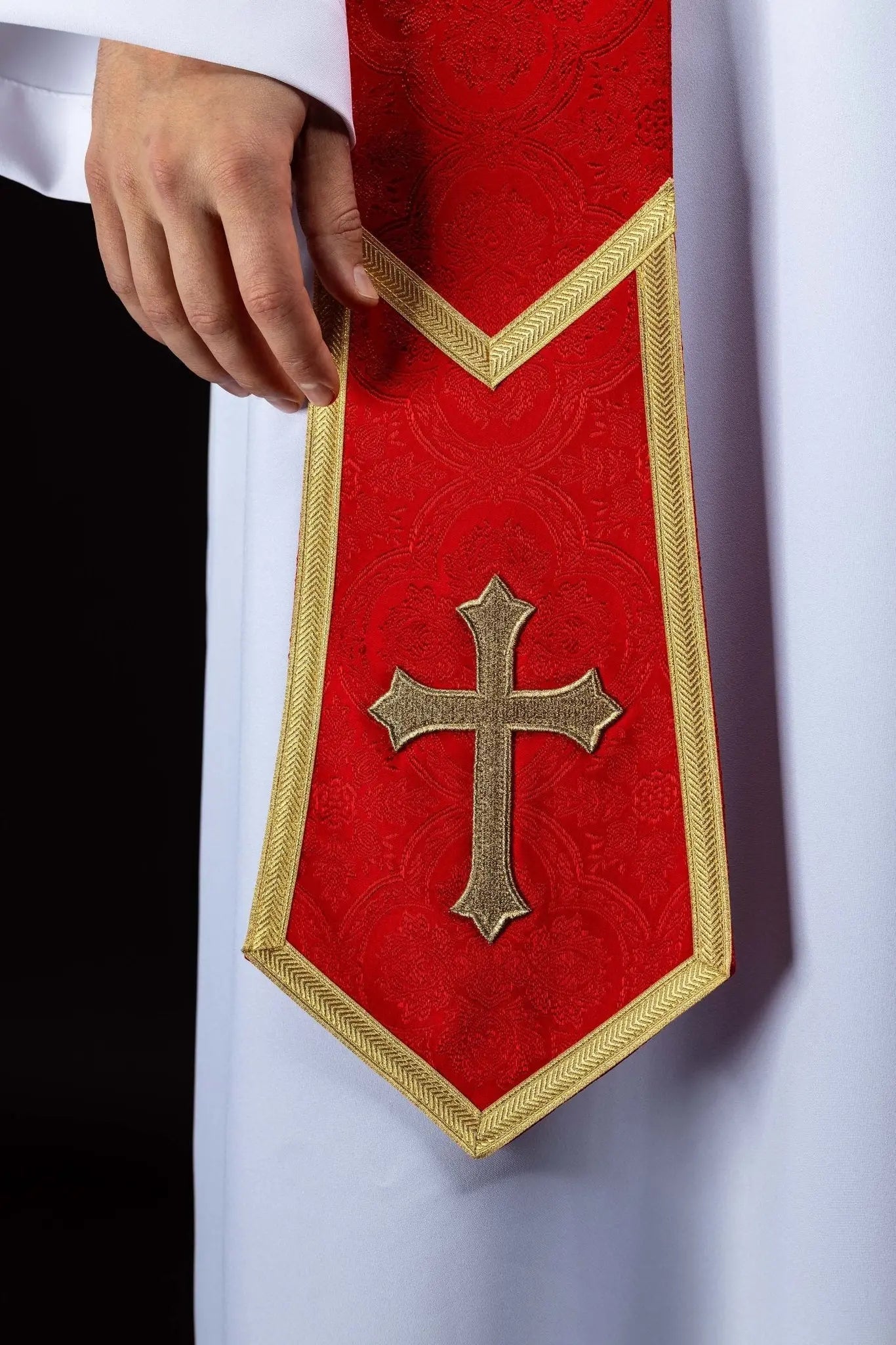 Red Jacquard Stole with Embroidered Cross - HAFTINA ATELIER
