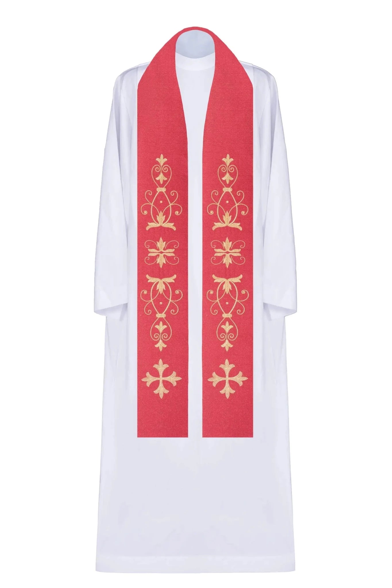 Red stole with embroidered cross and floral motif - HAFTINA ATELIER