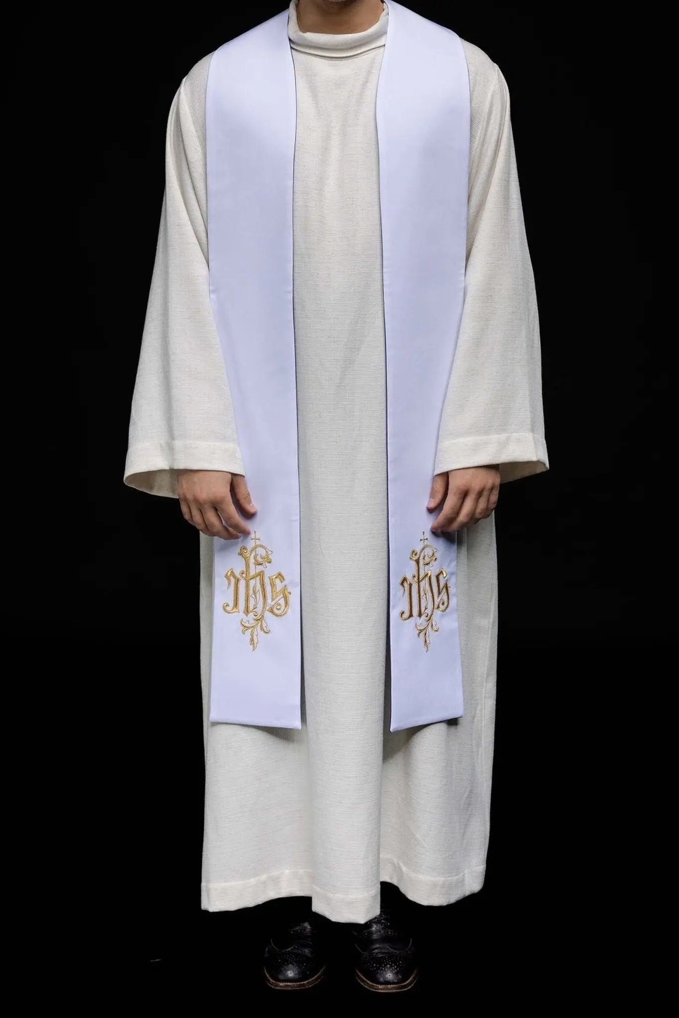 Estola bordada reversible IHS púrpura y blanca