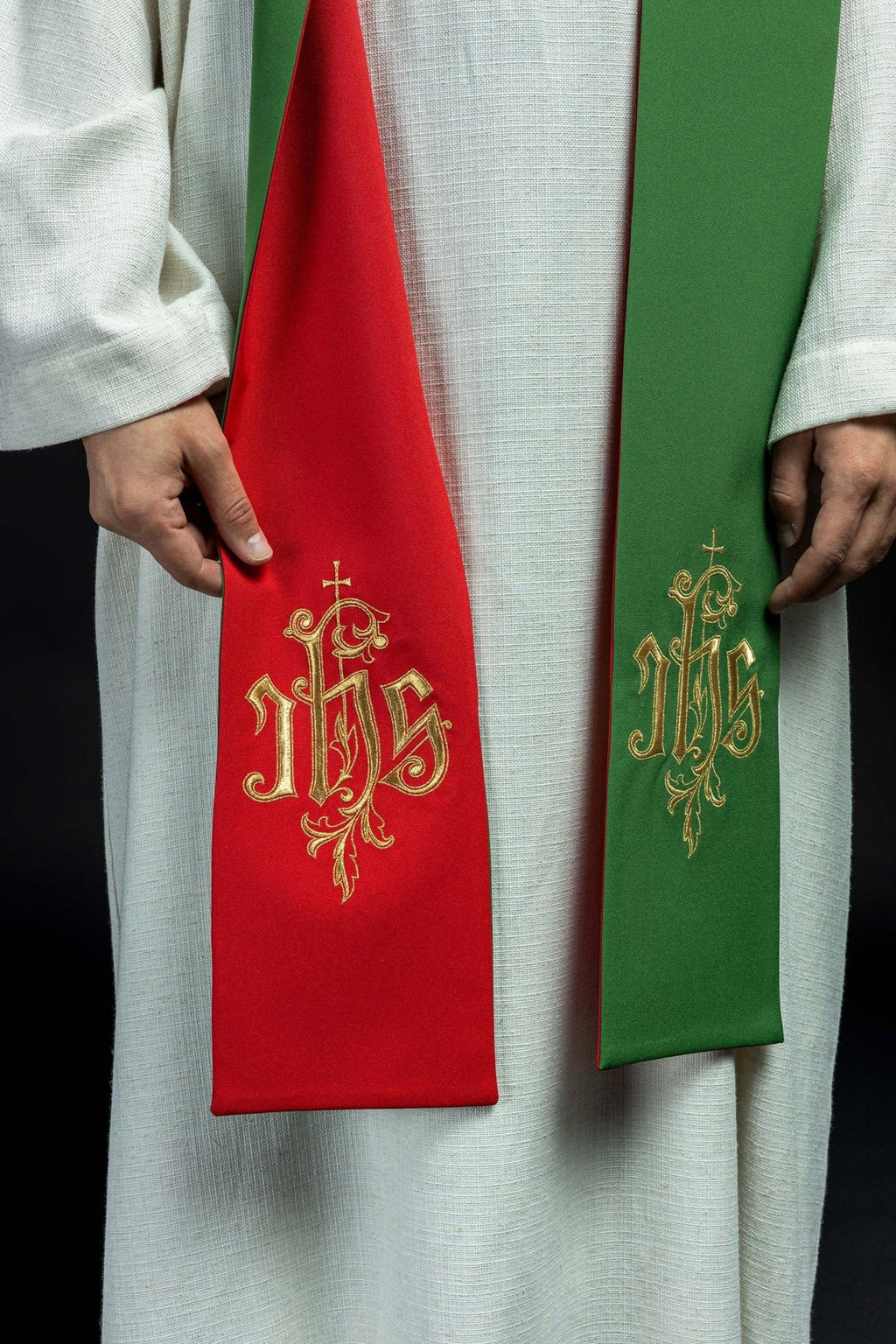Stuła Dwustronna Haftowana IHS zielono - czerwona