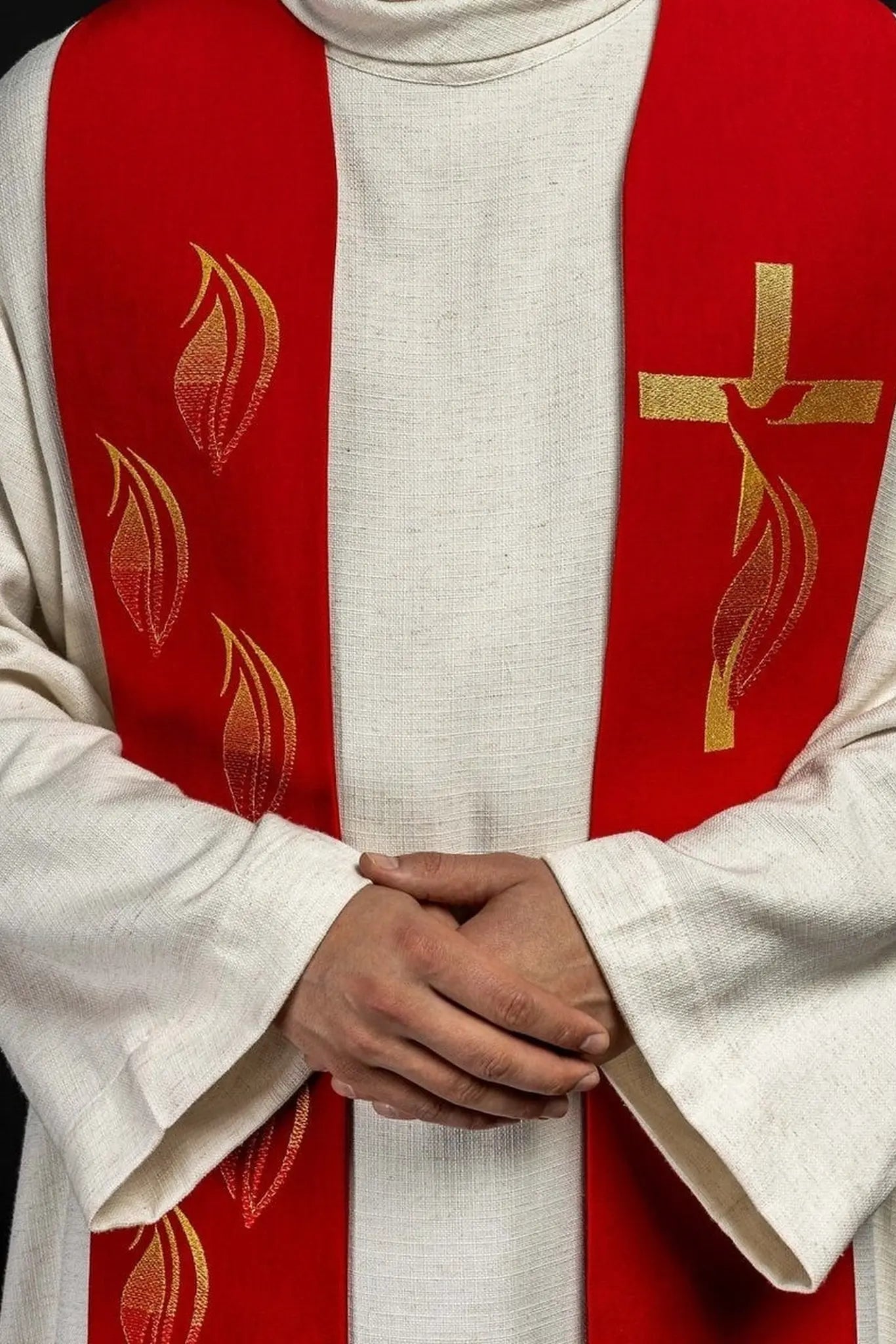 Estola bordada Espíritu Santo, cruz y lenguas de fuego Roja