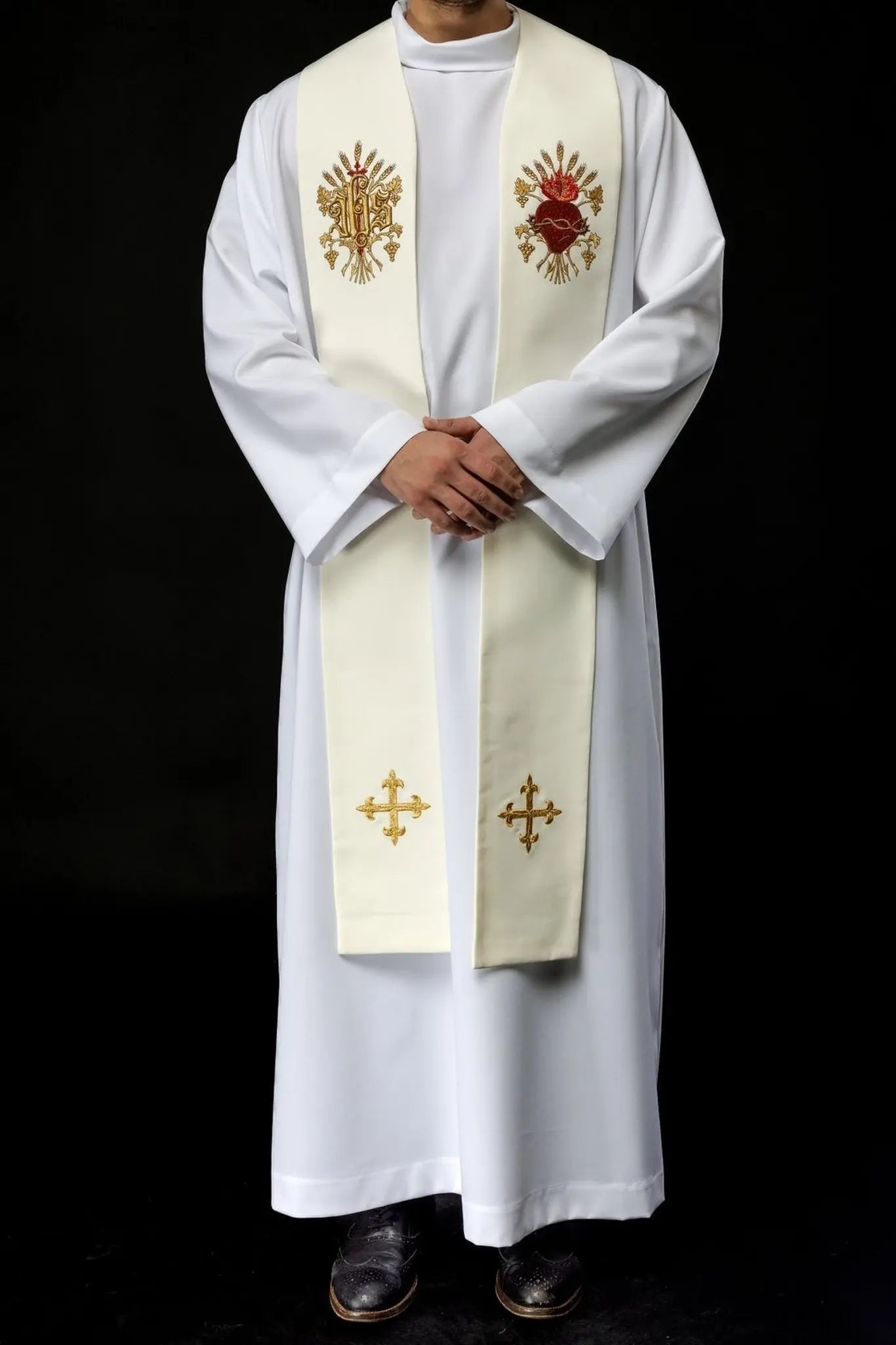 Estola bordada de la cruz, IHS y corazón de Jesucristo ecru