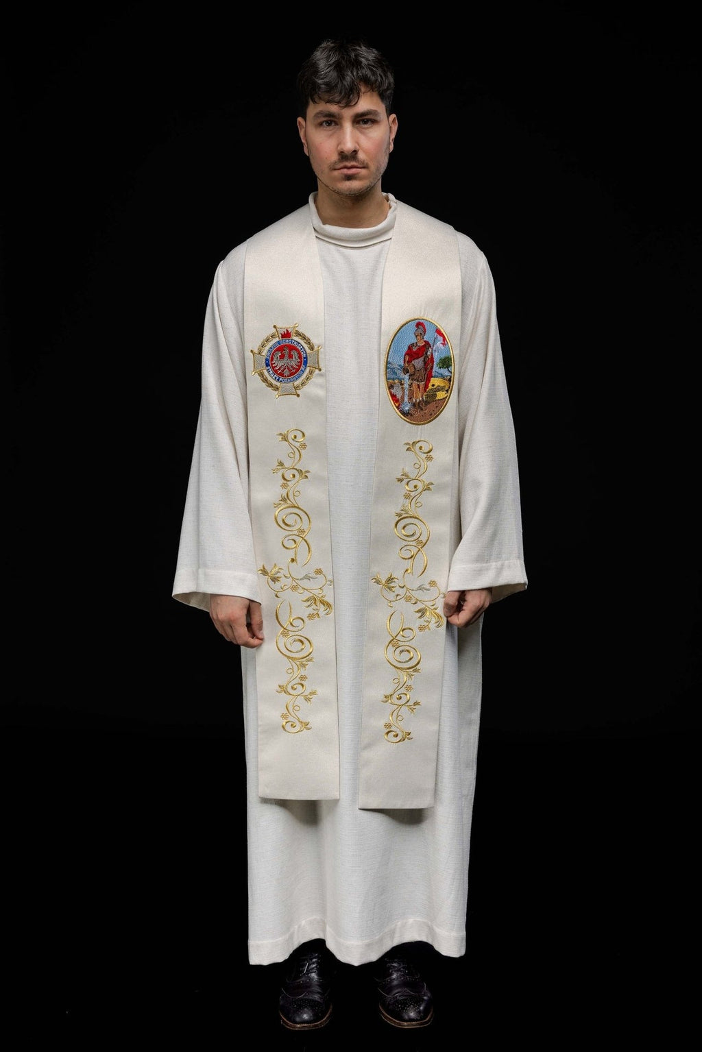 Stuła haftowana z wizerunkiem Świętego Floriana