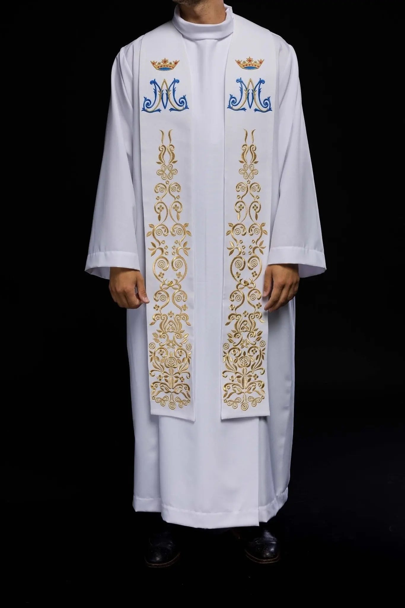 Estola blanca mariana bordada para sacerdote