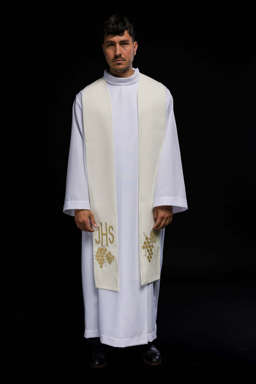 Stuła kapłańska haftowana IHS z winogronami ecru