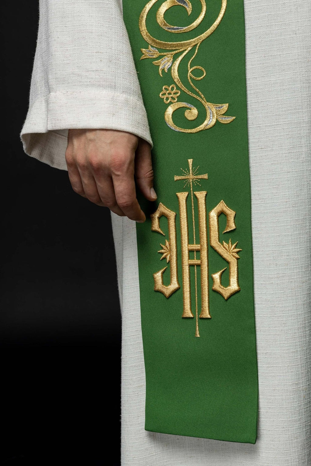 Stuła kapłańska haftowana IHS Zielona