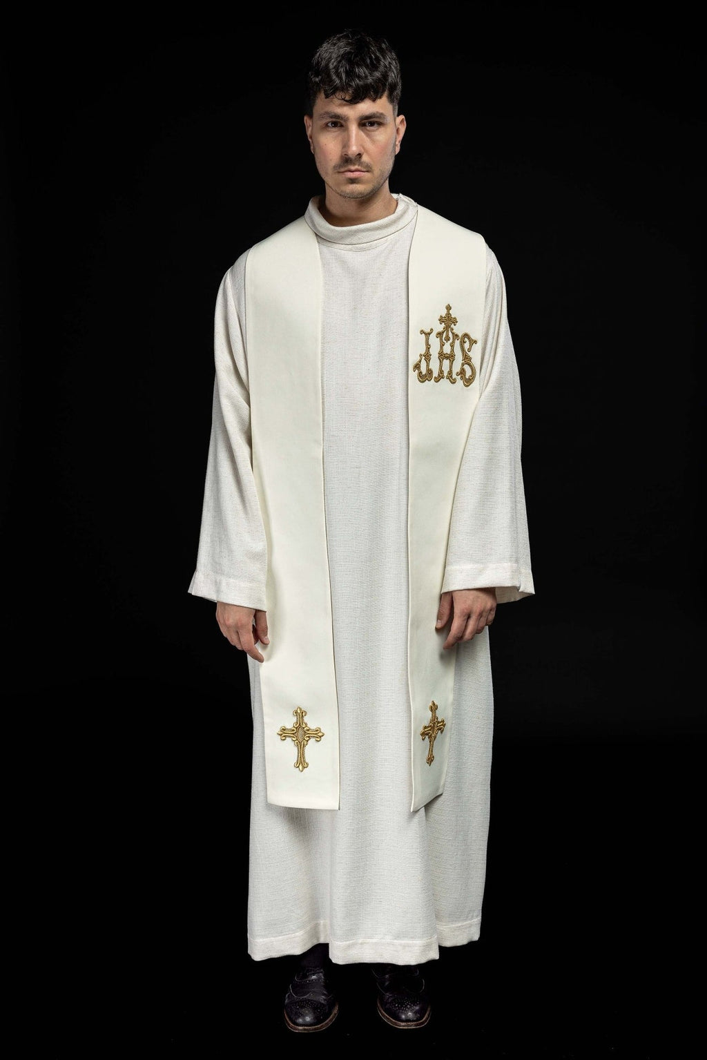 Stuła kapłańska haftowana Krzyż i IHS ecru
