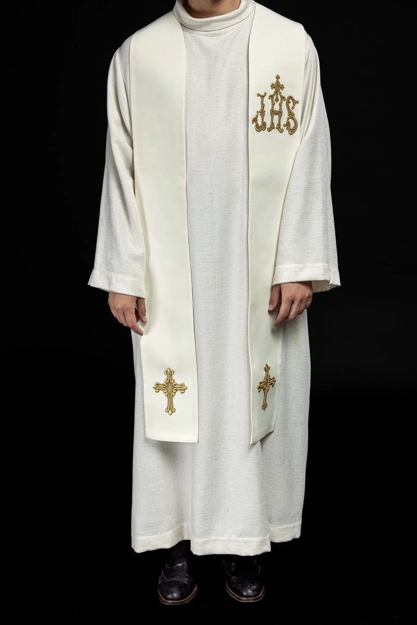 Estola bordada para sacerdote Cruz e IHS ecru