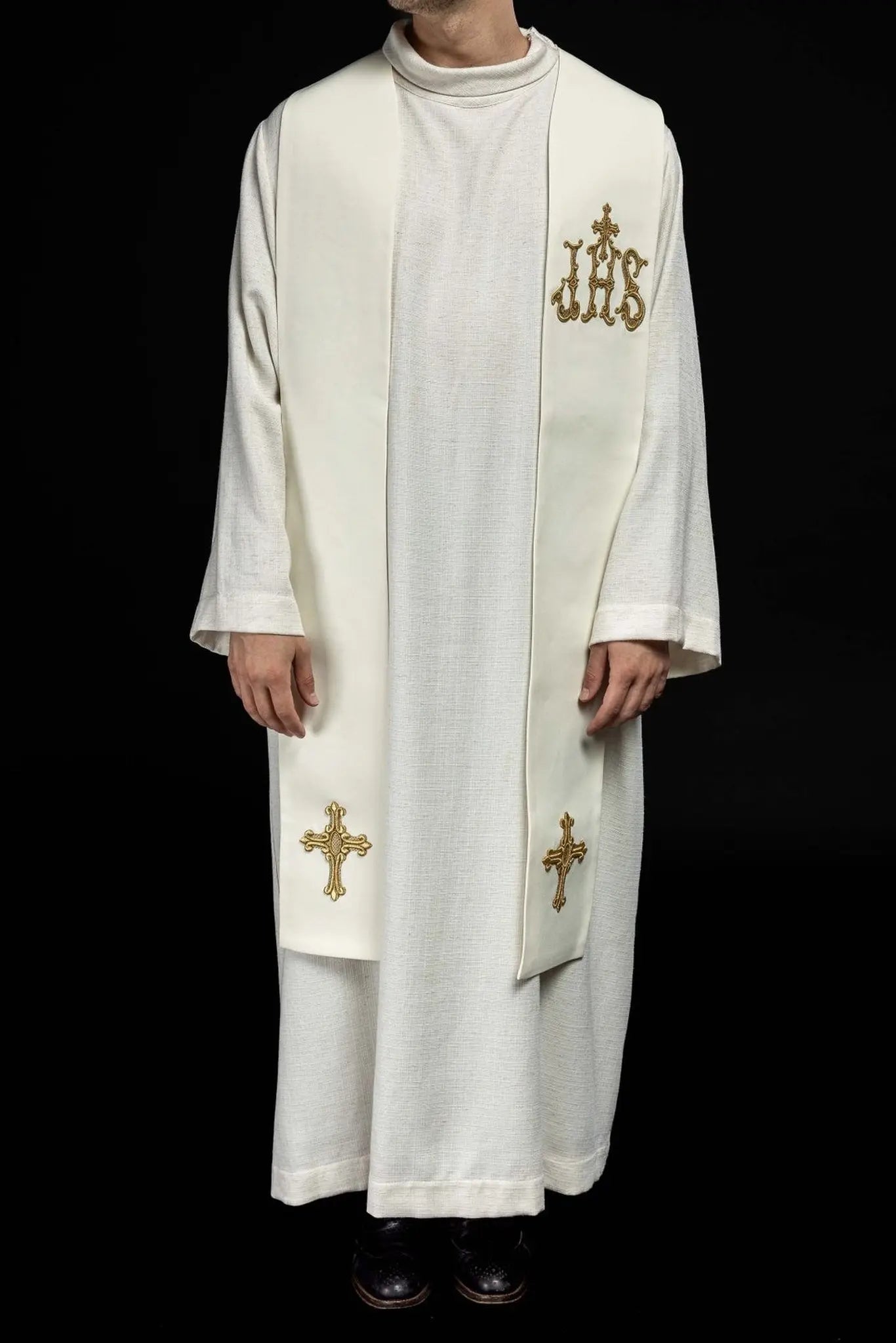 Estola bordada para sacerdote Cruz e IHS ecru