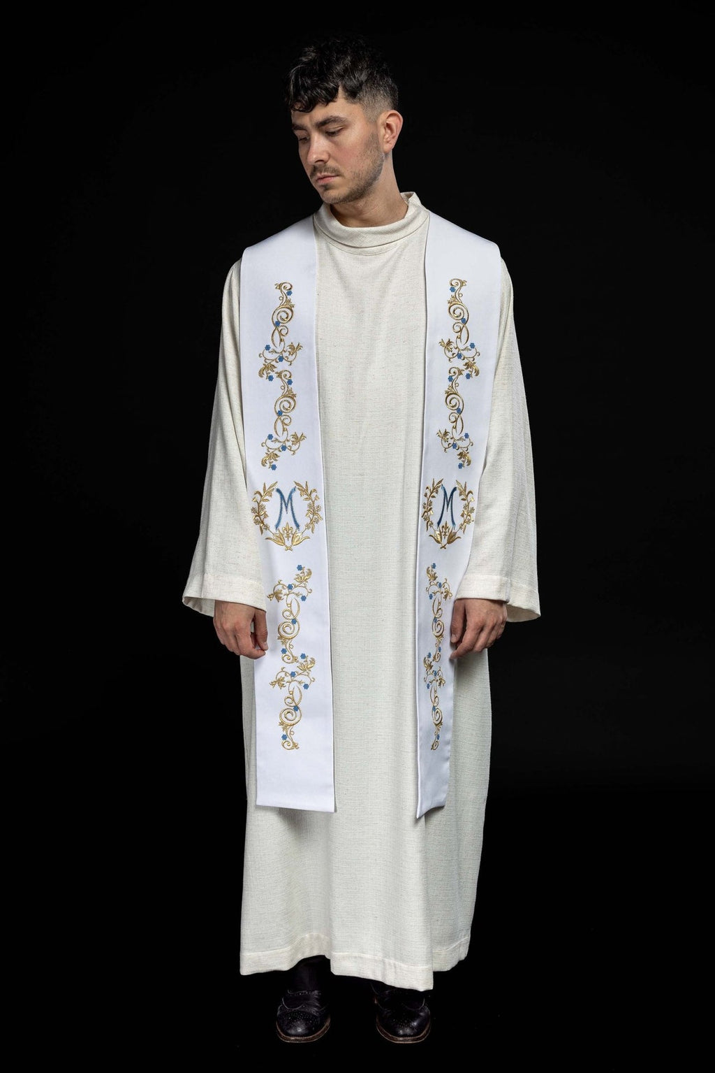 Stuła kapłańska haftowana Maryjna Biała
