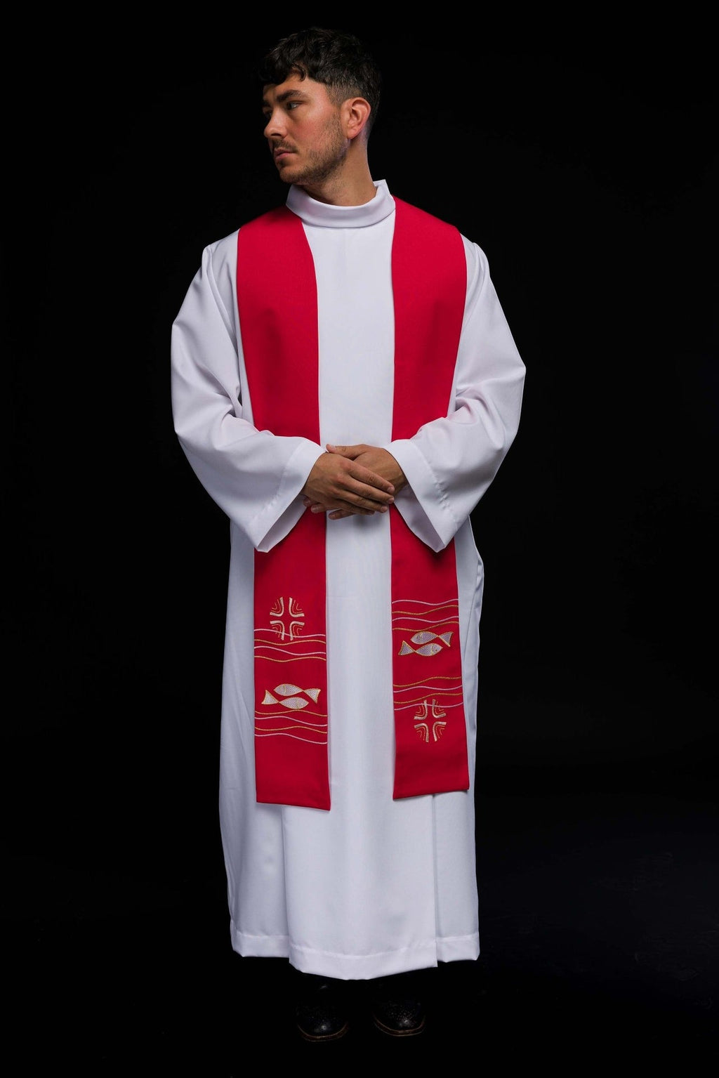 Stuła kapłańska haftowana Ryby Czerwona