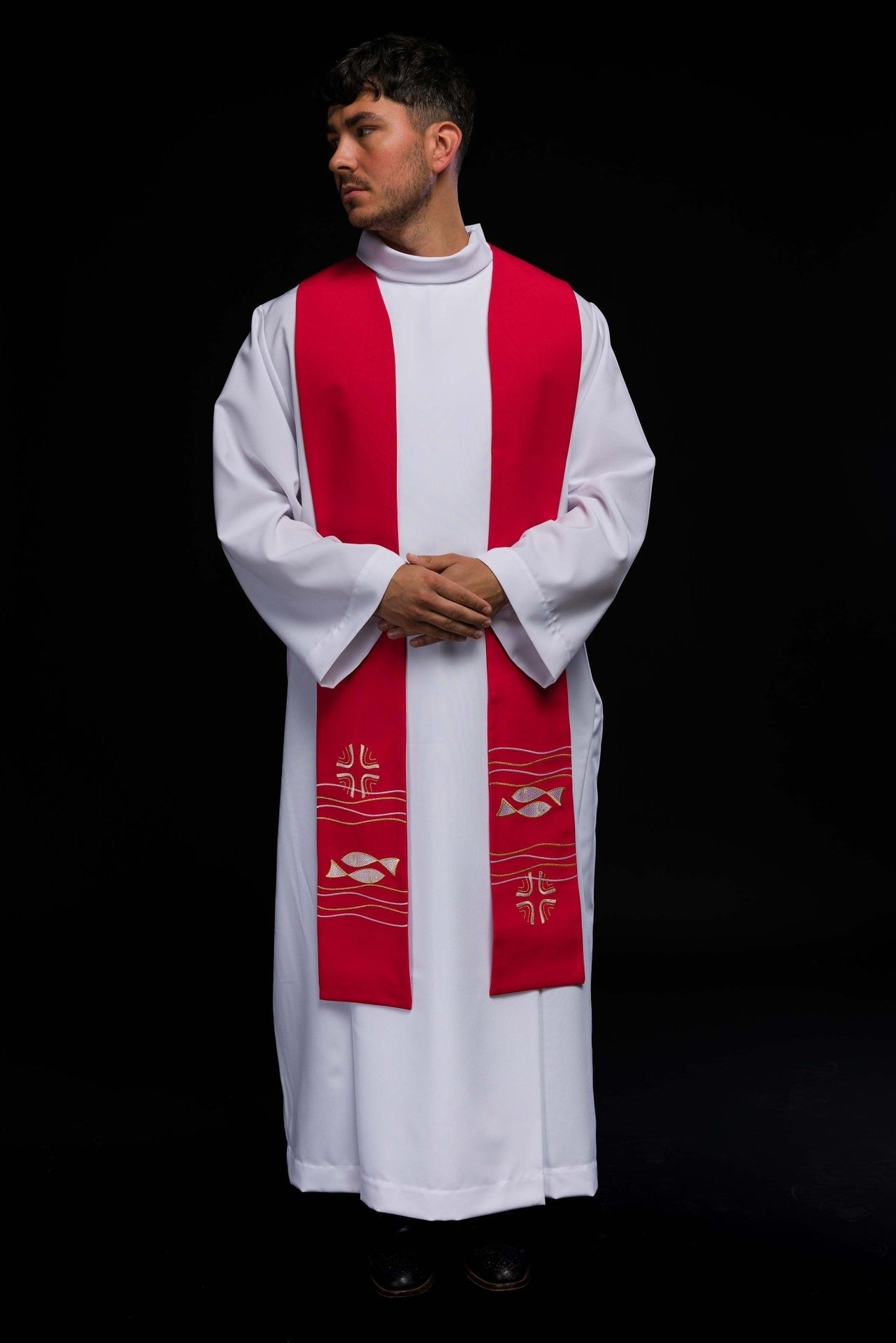 Stuła kapłańska haftowana Ryby Czerwona