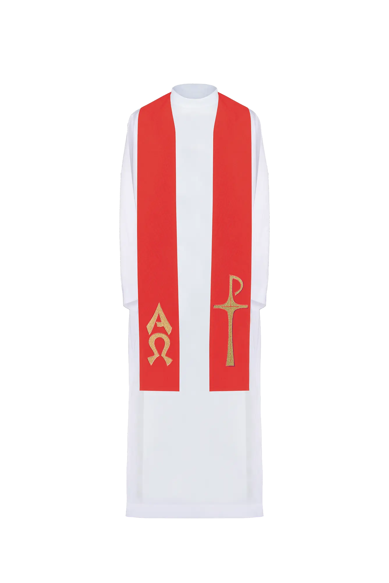 Priest's stole embroidered with Alpha and Omega motif in red