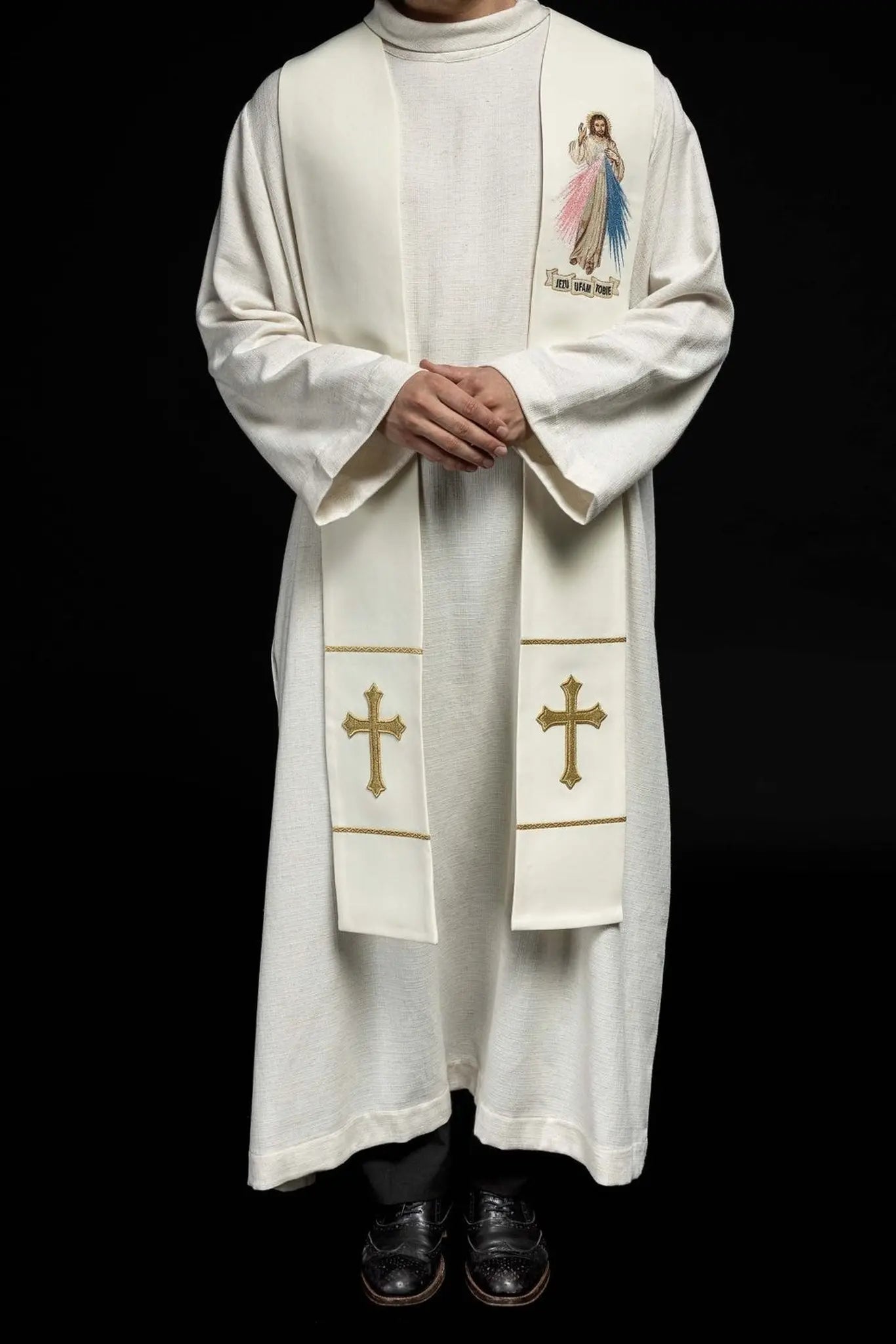 Estola sacerdotal Jesús Misericordioso, Jesús en ti confío ecru