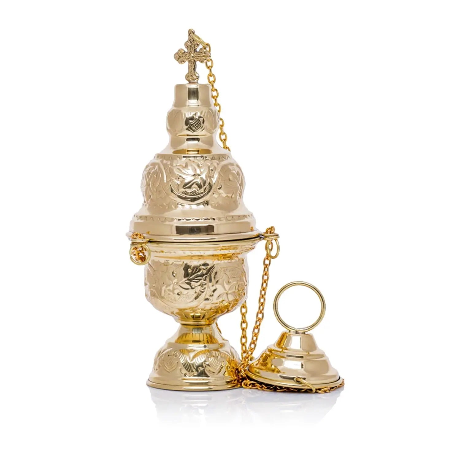 Incensario de latón con adorno floral y cruz – 24 cm