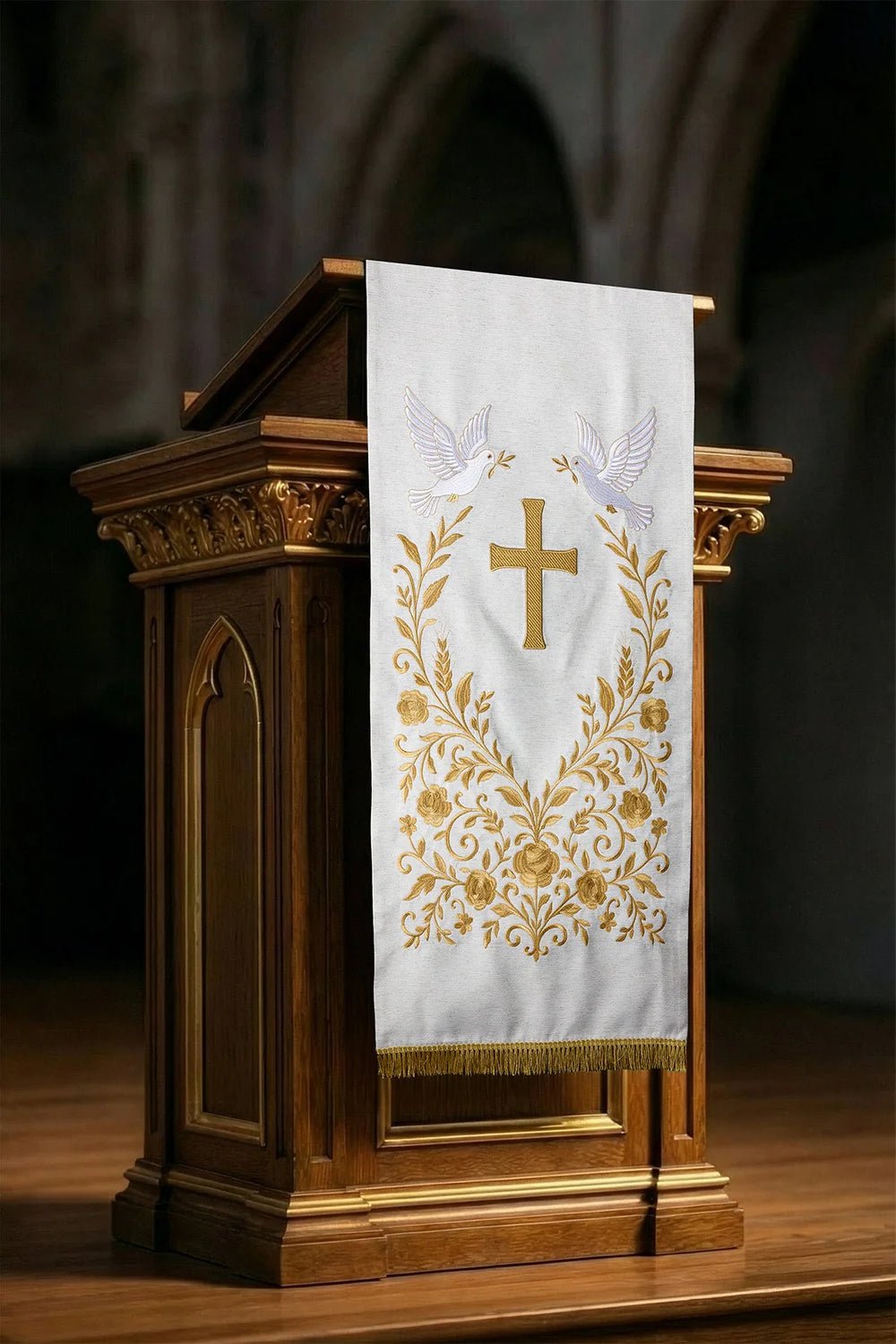 White Lectern Cover with Cross, Doves and Gold Embroidery - HAFTINA ATELIER