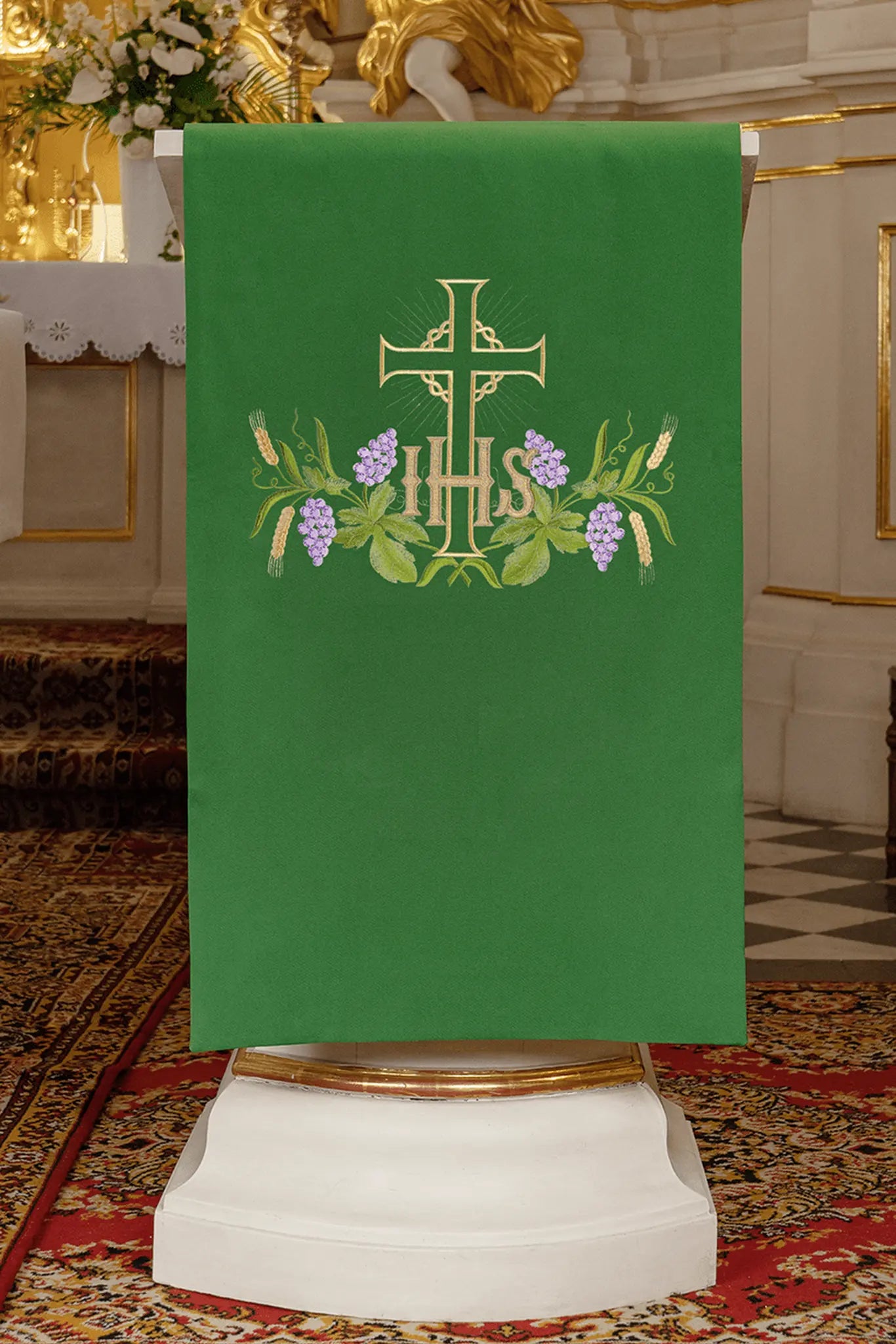 Green lectern hanging with IHS and cross embroidery