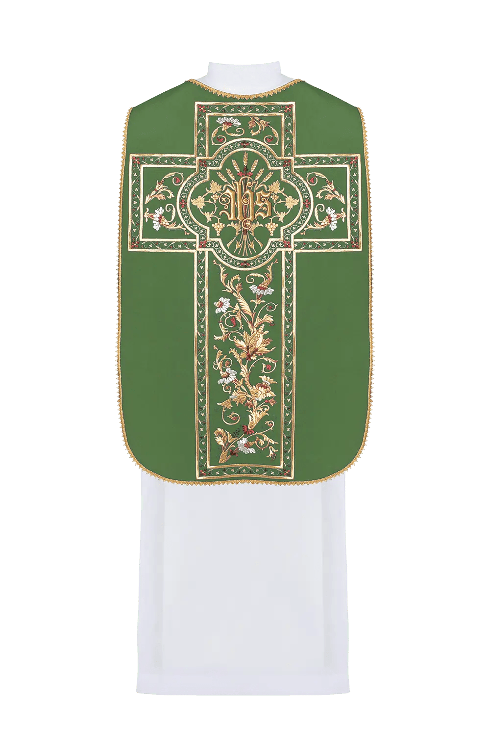 Casulla romana verde bordada con motivo IHS