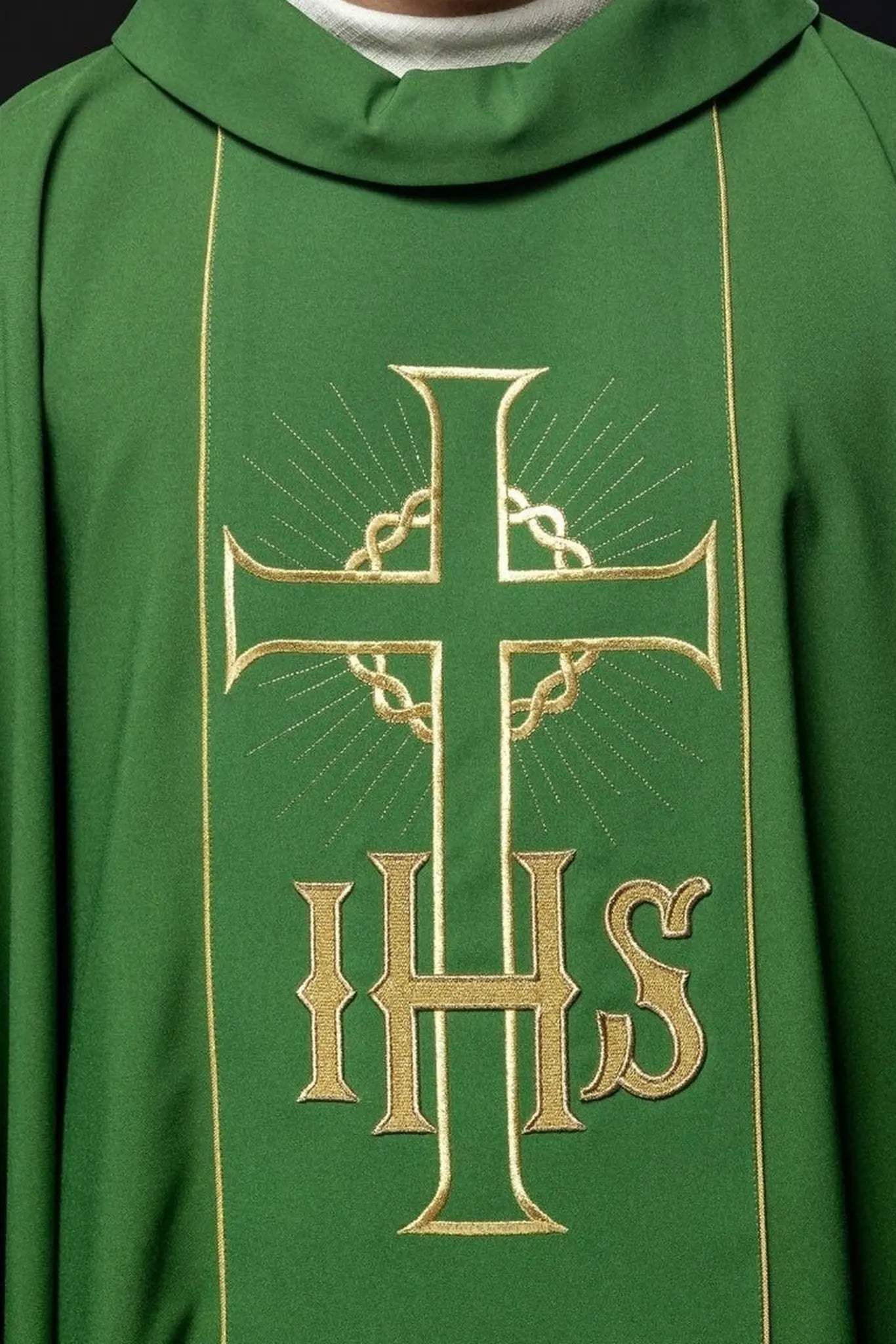 Casulla verde con cinturón dorado decorado con IHS y espigas